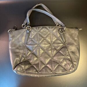 Coach Kelsey Satchel Purse Quilted Studded‎ Leather Top Handle Bag Gray Small